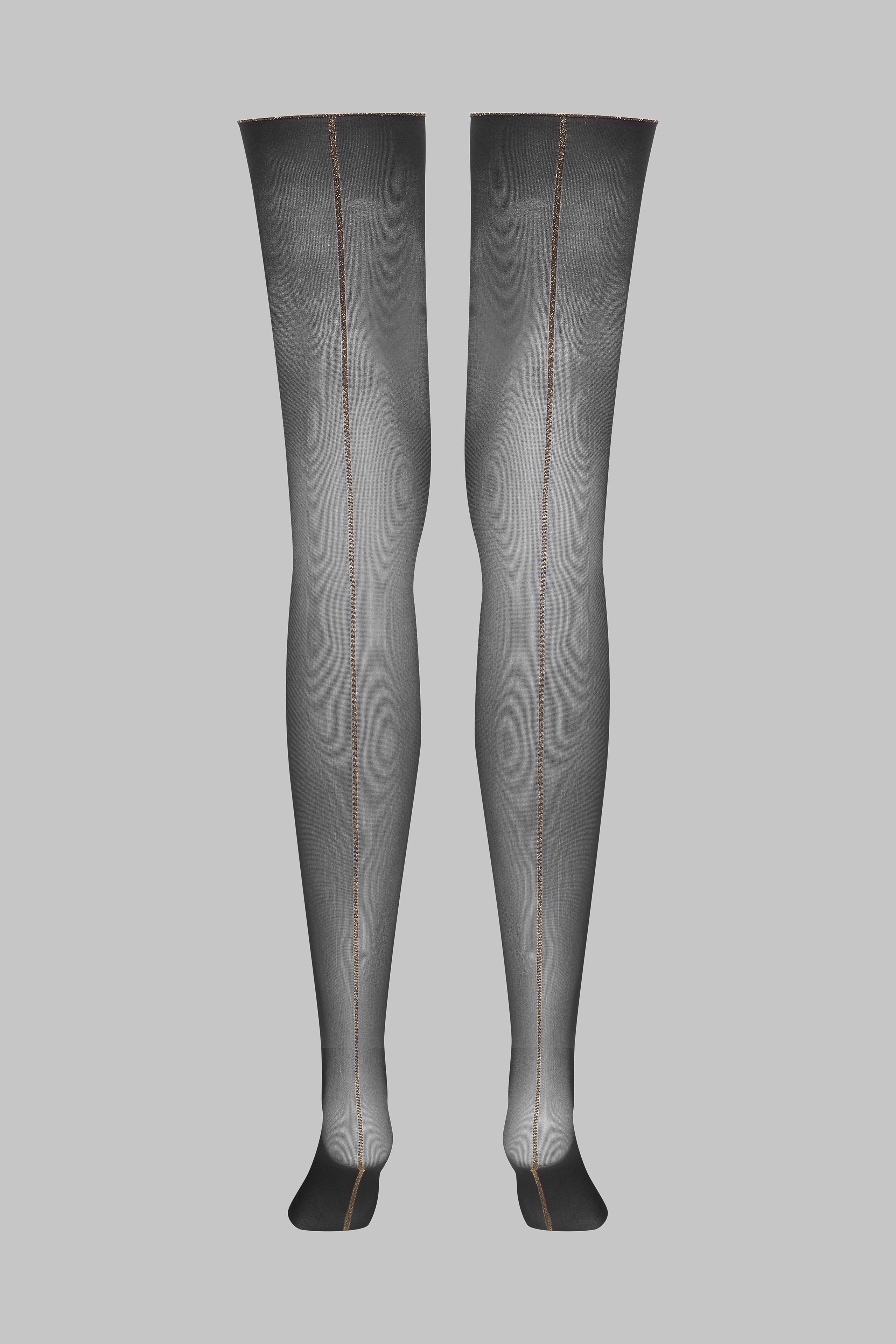Geschnittene, gerollte Strümpfe mit Nähten aus Lurex 20D - Schwarz/Gold - Legwear - Image 2