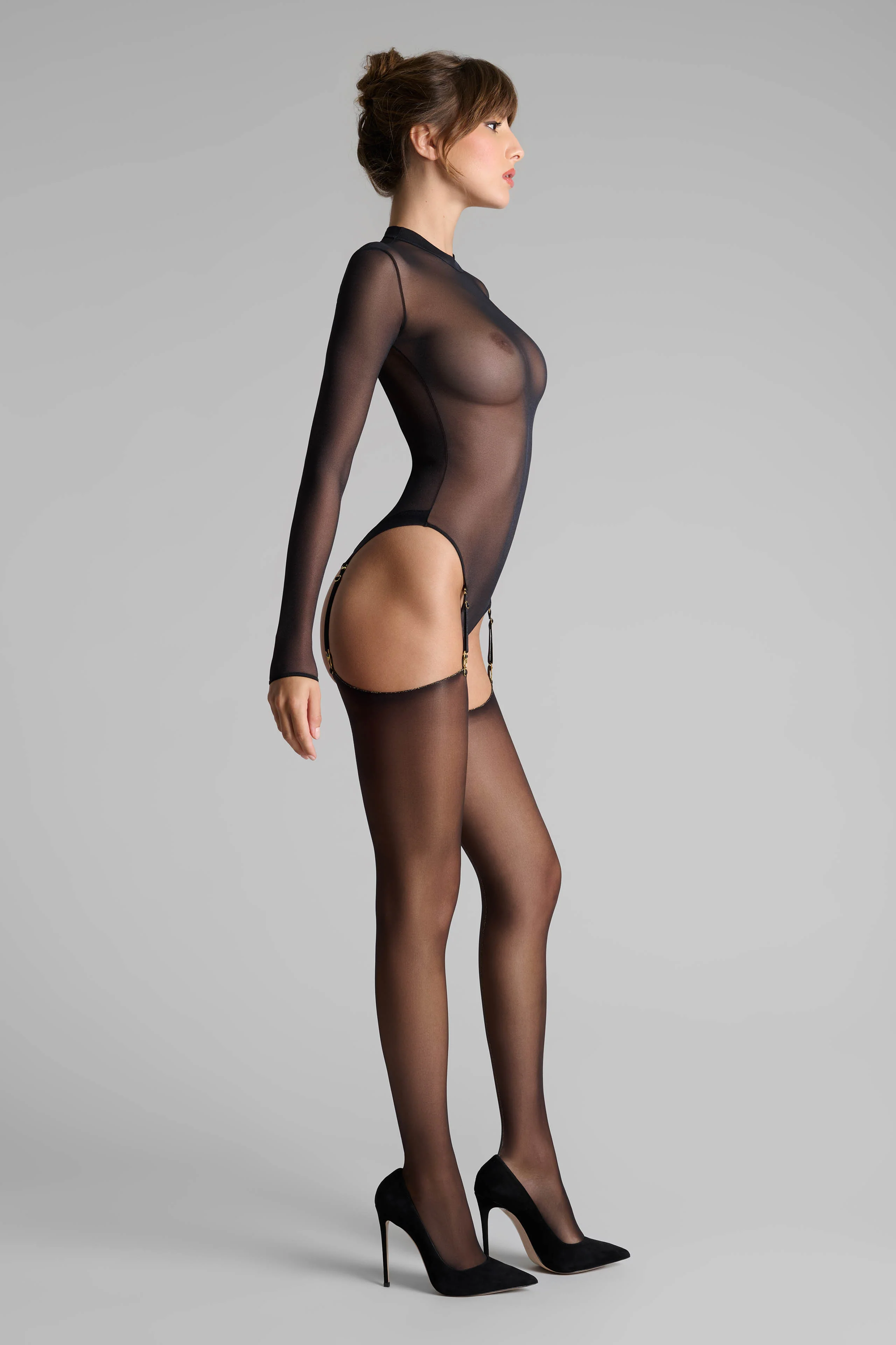 Geschnittene, gerollte Strümpfe mit Nähten aus Lurex 20D - Schwarz/Gold - Legwear - Image 6